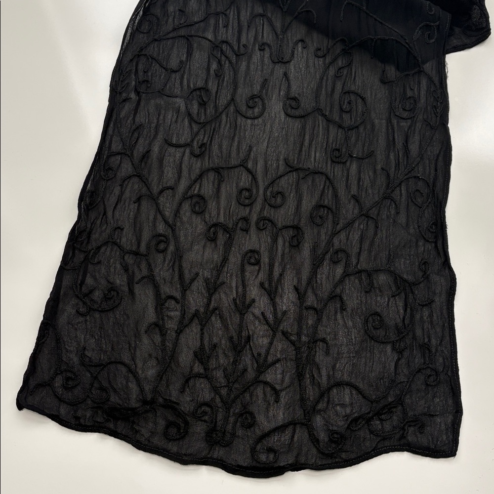Vintage GAP 1990s Sheer Black Scarf Tonal Scroll Embroidery Minimalist Retro - Picture 4 of 9